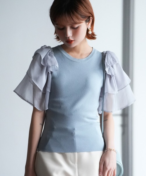 SAISON DE PAPILLON ニット セーター シフォンスリーブ×ニットの