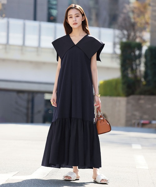 極美品❣️異素材高見えワンピース ELFRANK ワンピース セーラーカラー異素材ドッキングロングワンピース