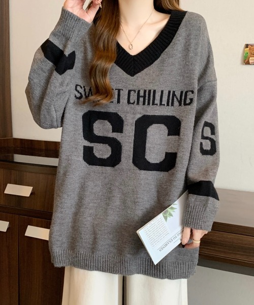 新品未使用品　ストレッチ　Vネック長袖トップス シルバー箔プリント 楽天市場】ニット セーター ニットソー トップス 長袖 Vネック