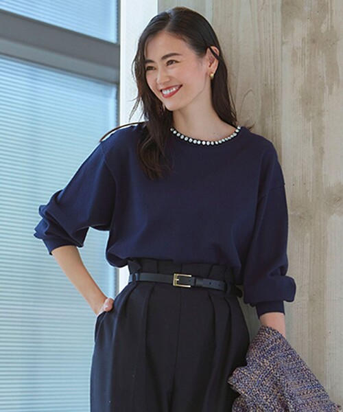 ニット セーター 「洗える」ネックビジュー ニット レディース UNFILO ニット セーター 「洗える」ネックビジュー レディース