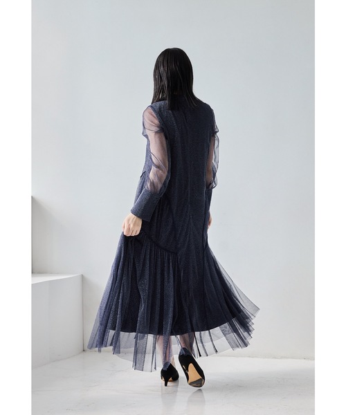 美品　niana　ニアナ　ラメチュール×レースパーティードレス　ブラック　L ニアナ niana ラメチュール×レースパーティードレス （ブラック