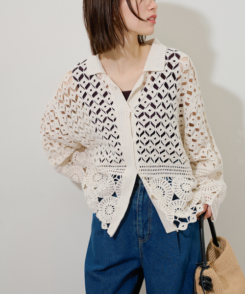 ニット セーター クロシェレースニットシャツ レディース STYLEMIXER ニット セーター クロシェレースニットシャツ
