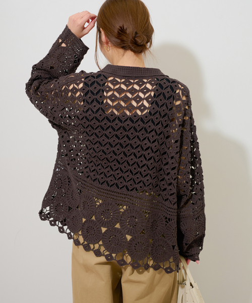 ニット セーター クロシェレースニットシャツ レディース STYLEMIXER ニット セーター クロシェレースニットシャツ