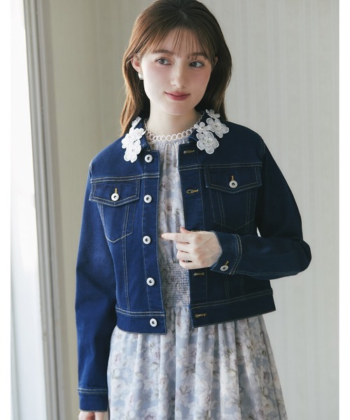 新品　【tocco closet】　フラワーレース付きデニムジャケット　ブルー フラワーレース付きデニムジャケット（デニムジャケット