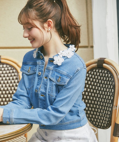 レース付きデニムジャケット ライトブルー tocco closet（トッコ クローゼット） デニムジャケット gジャン