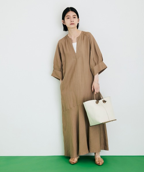 「ADAM ET ROPE'」 7分袖ワンピース FREE ベージュ レディース_画像3