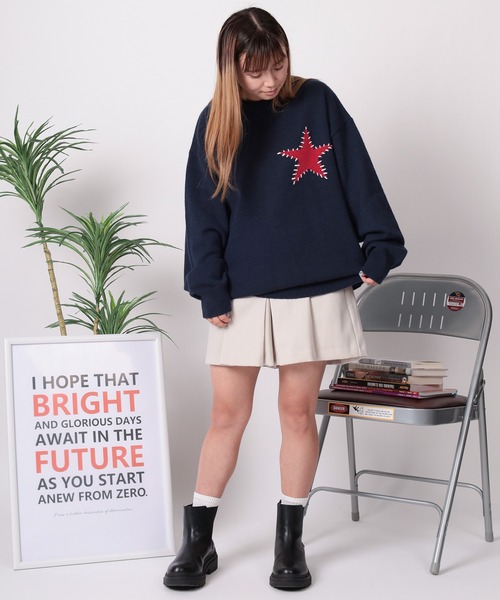 ☆ハート&amp;スターデザインニットG・新品未使用・はち☆ ニット セーター 「82」 ハート／スター ハンドステッチ クルーニット