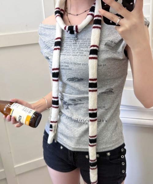 マフラー ストール Y2Kパネル細ボーダーマフラー レディース