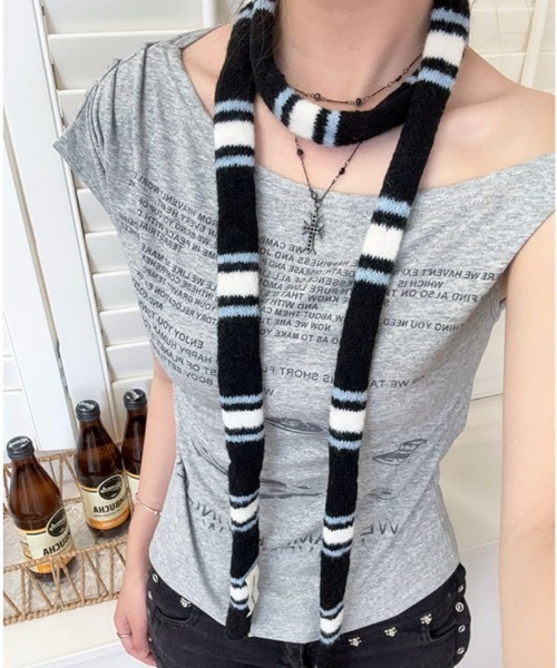 マフラー ストール Y2Kパネル細ボーダーマフラー レディース