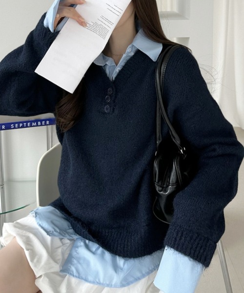 Ada. ニット セーター シャツ レイヤード風 ニット プルオーバー