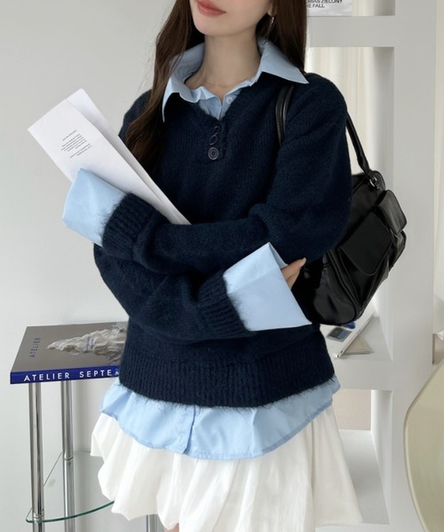 Ada. ニット セーター シャツ レイヤード風 ニット プルオーバー