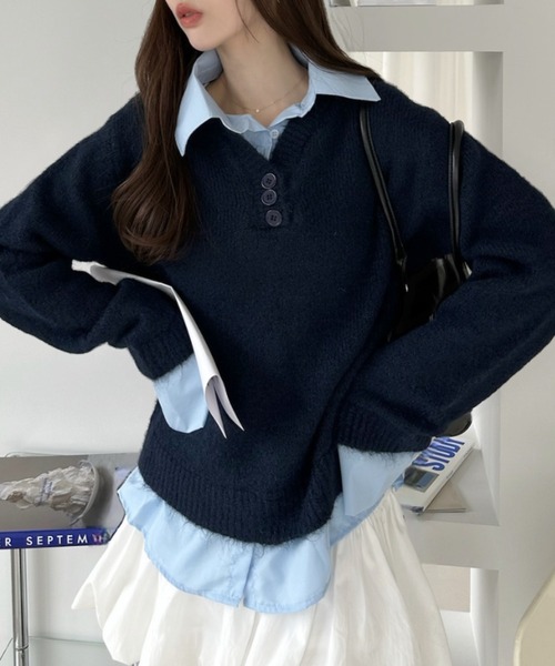 Ada. ニット セーター シャツ レイヤード風 ニット プルオーバー