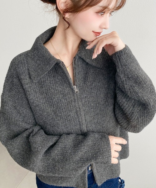moment+ カーディガン ダブルジップえり付きざっくりニット