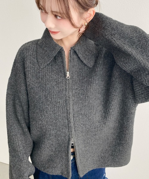 moment+ カーディガン ダブルジップえり付きざっくりニット