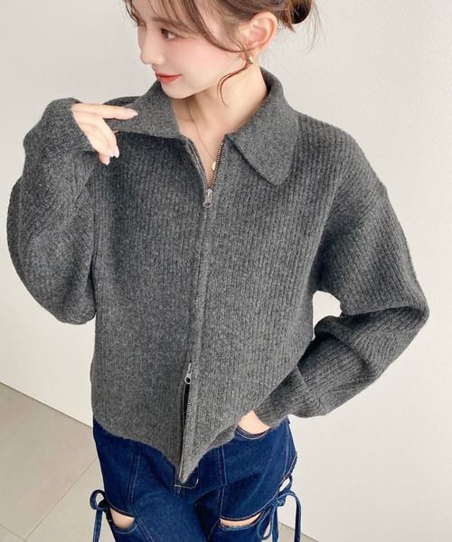 moment+ カーディガン ダブルジップえり付きざっくりニット