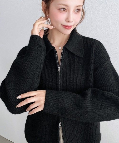 moment+ カーディガン ダブルジップえり付きざっくりニット