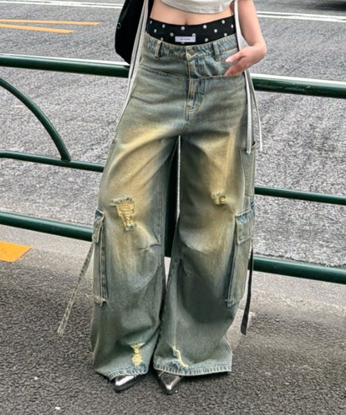 ワイドパンツ ジーンズ デニム デニムパンツ 「XSサイズ追加 /3サイズ展開 / ウエスト調節可」カーゴバレルルーズデニムパンツ レディースの画像