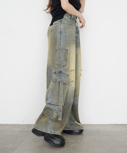 ワイドパンツ ジーンズ デニム デニムパンツ 「XSサイズ追加 /3サイズ展開 / ウエスト調節可」カーゴバレルルーズデニムパンツ レディースの画像