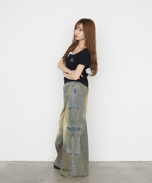 ワイドパンツ ジーンズ デニム デニムパンツ 「XSサイズ追加 /3サイズ展開 / ウエスト調節可」カーゴバレルルーズデニムパンツ レディースの画像