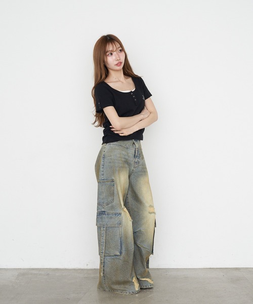 ワイドパンツ ジーンズ デニム デニムパンツ 「XSサイズ追加 /3サイズ展開 / ウエスト調節可」カーゴバレルルーズデニムパンツ レディースの画像