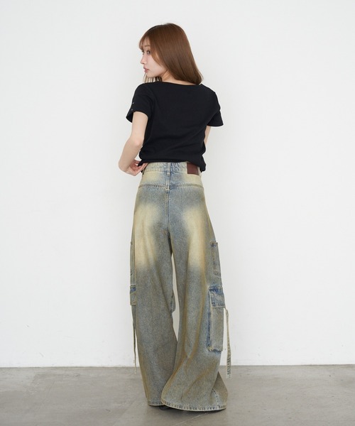 ワイドパンツ ジーンズ デニム デニムパンツ 「XSサイズ追加 /3サイズ展開 / ウエスト調節可」カーゴバレルルーズデニムパンツ レディースの画像