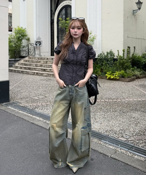 ワイドパンツ ジーンズ デニム デニムパンツ 「XSサイズ追加 /3サイズ展開 / ウエスト調節可」カーゴバレルルーズデニムパンツ レディースの画像