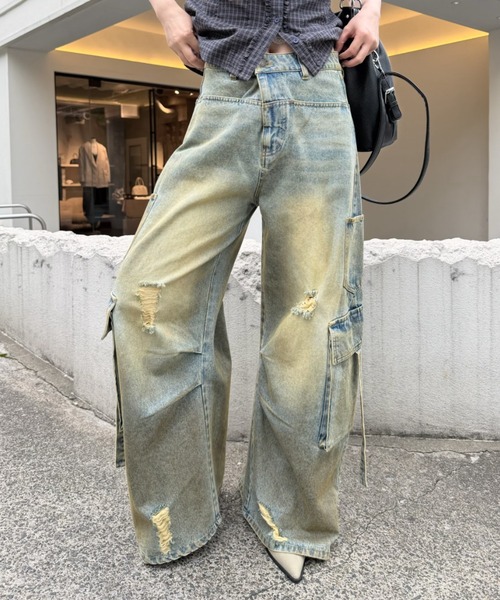 ワイドパンツ ジーンズ デニム デニムパンツ 「XSサイズ追加 /3サイズ展開 / ウエスト調節可」カーゴバレルルーズデニムパンツ レディースの画像