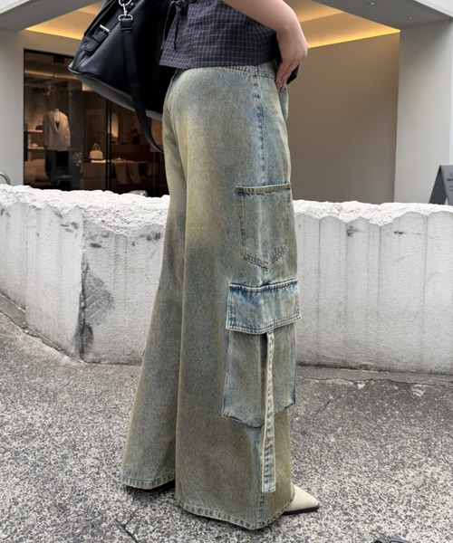 ワイドパンツ ジーンズ デニム デニムパンツ 「XSサイズ追加 /3サイズ展開 / ウエスト調節可」カーゴバレルルーズデニムパンツ レディースの画像