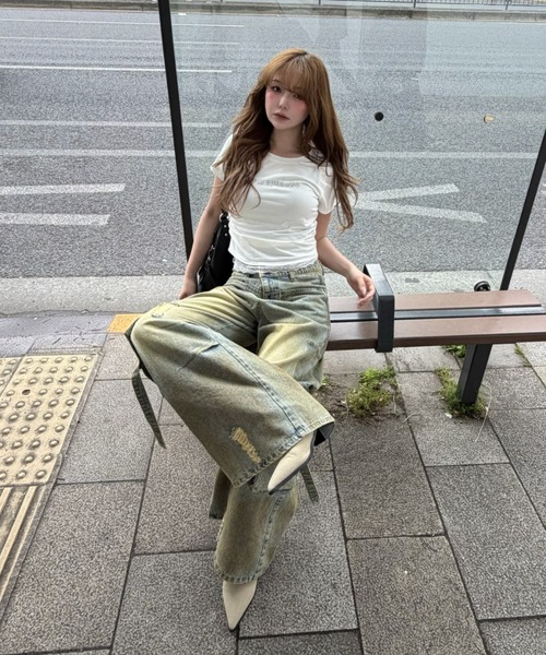 ワイドパンツ ジーンズ デニム デニムパンツ 「XSサイズ追加 /3サイズ展開 / ウエスト調節可」カーゴバレルルーズデニムパンツ レディースの画像