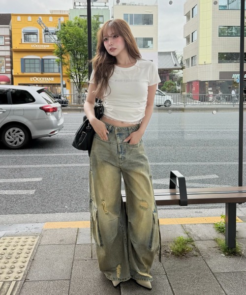 ワイドパンツ ジーンズ デニム デニムパンツ 「XSサイズ追加 /3サイズ展開 / ウエスト調節可」カーゴバレルルーズデニムパンツ レディースの画像