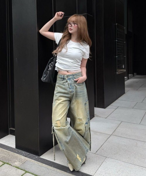 ワイドパンツ ジーンズ デニム デニムパンツ 「XSサイズ追加 /3サイズ展開 / ウエスト調節可」カーゴバレルルーズデニムパンツ レディースの画像