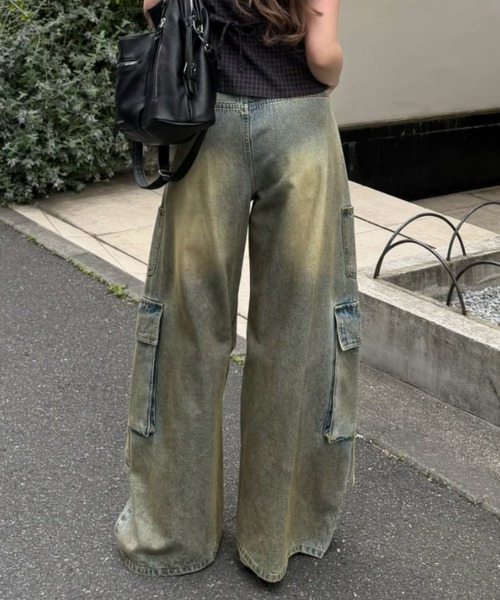 ワイドパンツ ジーンズ デニム デニムパンツ 「XSサイズ追加 /3サイズ展開 / ウエスト調節可」カーゴバレルルーズデニムパンツ レディースの画像
