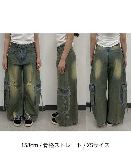 ワイドパンツ ジーンズ デニム デニムパンツ 「XSサイズ追加 /3サイズ展開 / ウエスト調節可」カーゴバレルルーズデニムパンツ レディースの画像