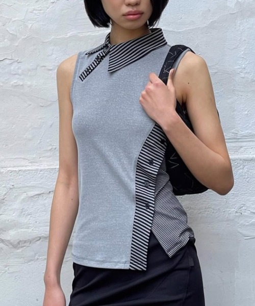 タンクトップ ノースリーブ 「OJOS」Curved Cut Collar Tank
