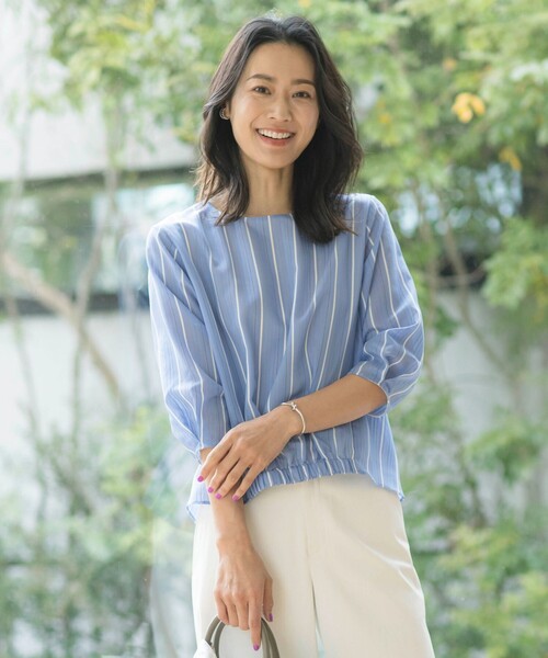 tシャツ 「洗える」ランダムストライプ シアー シャツカラー カットソー レディース 洗える】ランダムストライプ シアー シャツカラー カットソー