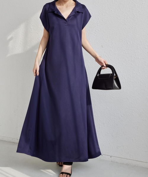ネイビー フレア袖 ロングワンピース MAISON DE THERESE ワンピース フレンチ袖 フレアロング