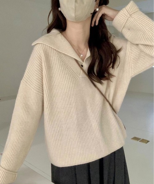 ニット セーター セーラーカラー リブ プルオーバー レディース