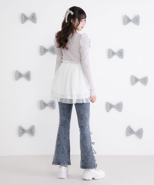 リボンプリントボウタイノースリーブ+リボンプリントフレアパンツ新品38 フラワークロスステッチリボンパンツ(ロングパンツ)｜パンツ｜LILY