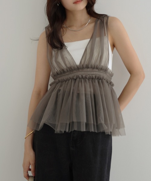 Freesia ブラウス シャツ チュールシャーリング2wayキャミソール