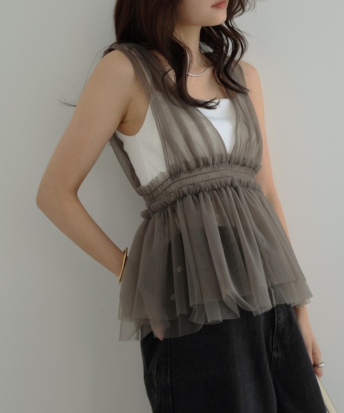 Freesia ブラウス シャツ チュールシャーリング2wayキャミソール