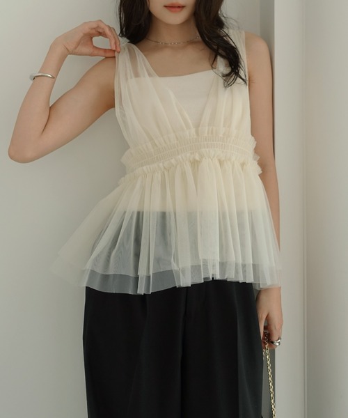 Freesia ブラウス シャツ チュールシャーリング2wayキャミソール