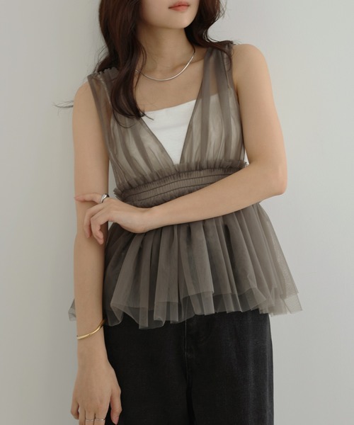 Freesia ブラウス シャツ チュールシャーリング2wayキャミソール