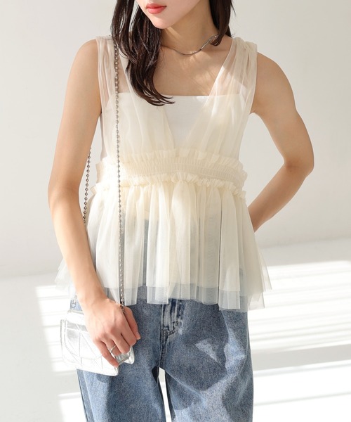 Freesia ブラウス シャツ チュールシャーリング2wayキャミソール