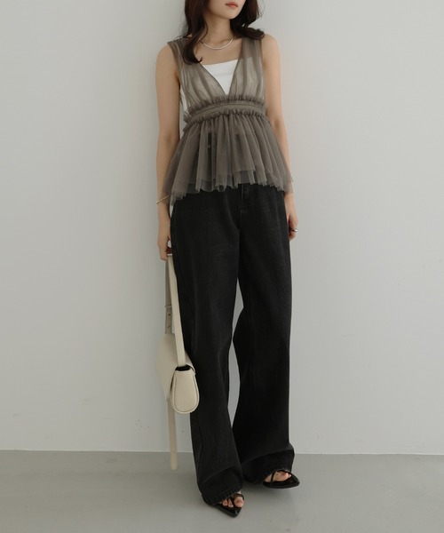 Freesia ブラウス シャツ チュールシャーリング2wayキャミソール