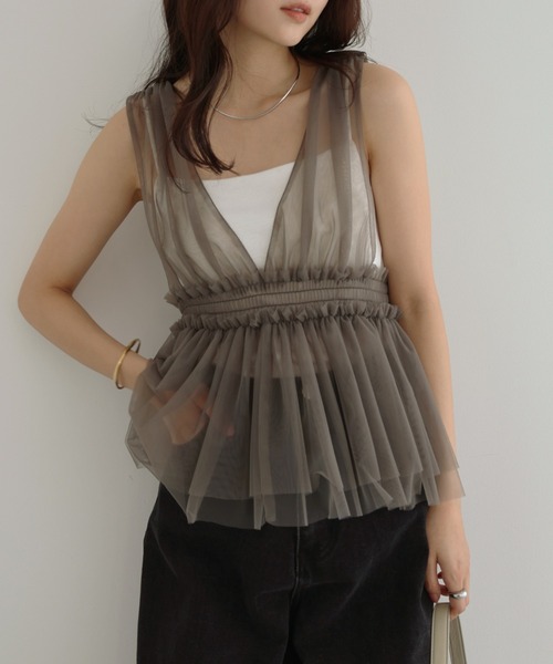 Freesia ブラウス シャツ チュールシャーリング2wayキャミソール
