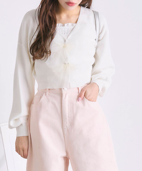 オレボレブラ　チュールリボン　カーディガン　ニットコート　11 Ambre Neige カーディガン tulle sleeve ribbon knit cardigan