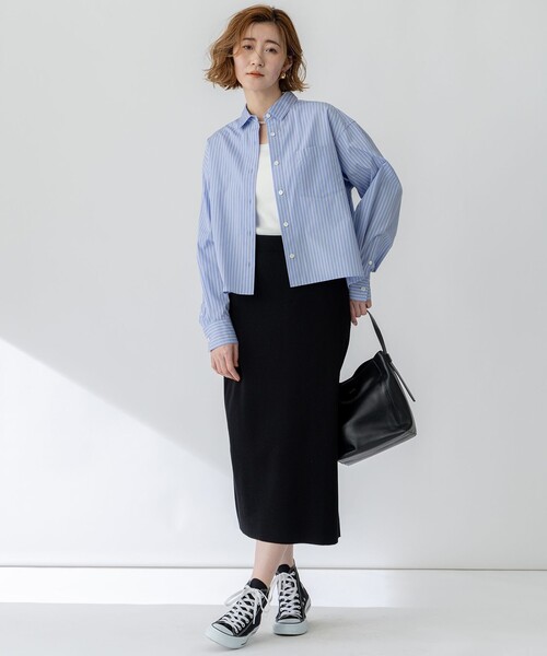 美品 25SS 23区 ニジュウサンク 洗える CANCLINI クロップド テントライン シャツ ブラウス 38サイズ ブルー レディース 古着 中古 USED 23区（ニジュウサンク） ブラウス シャツ 「洗える」CANCLINI