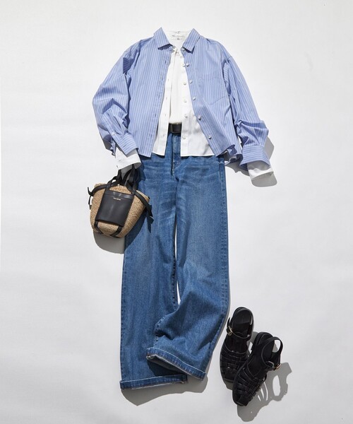 美品 25SS 23区 ニジュウサンク 洗える CANCLINI クロップド テントライン シャツ ブラウス 38サイズ ブルー レディース 古着 中古 USED 23区（ニジュウサンク） ブラウス シャツ 「洗える」CANCLINI