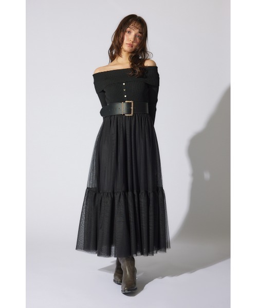 値下げ‼️rienda オフショルダーチュールドッキングワンピース rienda ワンピース オフショルダーチュールドッキングワンピース