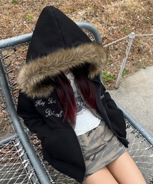 XU パーカー 「Never mind the XU」 fur zip up hoodie / 「ネバー